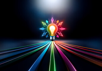 Poster - Colorful light bulb illuminates the dark scene with radiating beams and vibrant lines converging towards it, symbolizing bright ideas and creative energy.