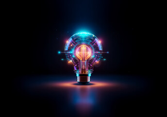 Poster - A glowing digital light bulb with futuristic circuitry design. Neon colors illuminate the dark background, suggesting innovation and bright ideas.