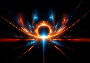 Poster - Abstract digital art featuring a central luminous circle emitting vibrant orange and blue radiating lines and curves on a dark backdrop, creating a dynamic and energetic visual.