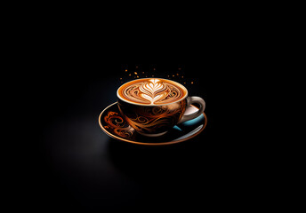 Poster - A cup of coffee with latte art, featuring a delicate leaf design in the foam, sits on a saucer against a stark black backdrop.  Warm light highlights the beverage.
