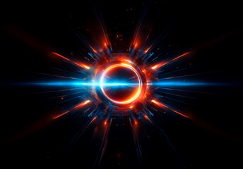 Aufkleber - Abstract, circular design with radiating rays of light. Glowing, energetic core with vibrant orange, red, and blue colors against a dark black backdrop.