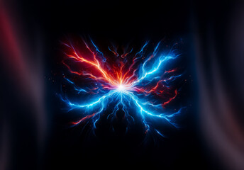 Poster - A burst of vibrant energy emanates from a central point, with streams of red and blue light radiating outwards on a dark backdrop, creating a dynamic visual effect.