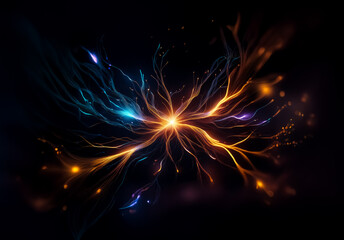 Poster - Central bright light source with streaks of blue and orange light emanating outwards against a dark backdrop, resembling energy flow or digital connections.