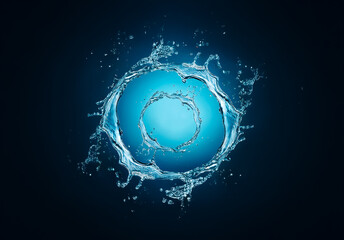 Leinwandbilder - Dynamic water splash in a circular form against a deep blue backdrop.  The fluid motion and scattered droplets create an abstract and refreshing visual.