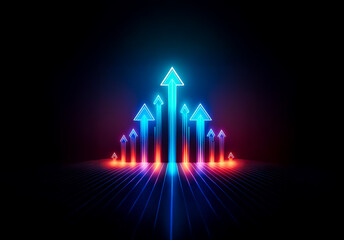 Leinwandbilder - Neon arrows glow brightly in blue and red against a dark background.  They point upwards, suggesting growth and progress in a dynamic and modern style.