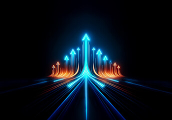 Aufkleber - Glowing arrows ascend against a black backdrop. Blue and orange light trails converge, creating perspective and a sense of forward motion and progress.