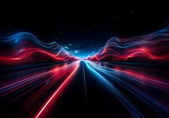 Poster - Abstract landscape with vibrant red and blue light trails creating a sense of speed and futuristic motion against a dark, starry background.