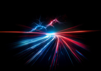 Aufkleber - Dynamic streaks of blue and red light converge with electric energy on a dark backdrop, creating a sense of motion and power.