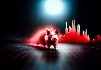 Poster - Piggy bank with red particles surrounding it stands against a dark backdrop with a bright light and red graph silhouette. Depicts financial concept with potential risk or volatility.