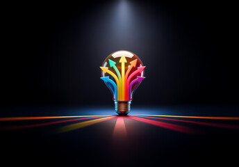 Aufkleber - A lightbulb filled with vibrant arrows pointing upwards, illuminated against a dark backdrop, symbolizing ideas and direction.