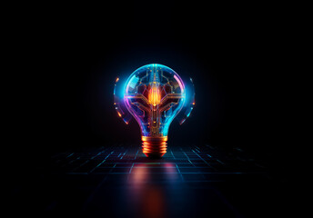 Aufkleber - A futuristic light bulb with a circuit board design emits a vibrant blue, orange, and purple glow against a dark grid background.
