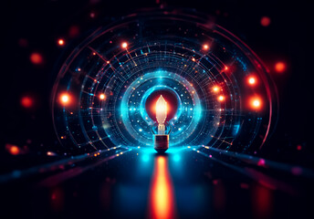 Poster - a bright lightbulb illuminates a futuristic tunnel with glowing blue and red lights, radiating energ