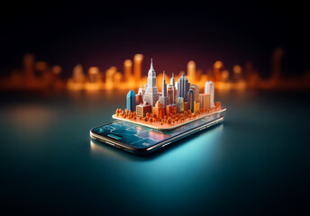 Poster - Modern city miniature atop a mobile phone, showcasing skyscrapers and block buildings. A digital display glows on the phone screen, set against a blurred cityscape backdrop.