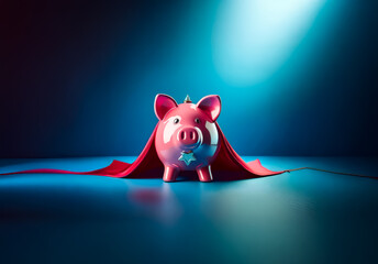 Aufkleber - A pink piggy bank wearing a red cape stands proudly on a blue surface under a bright spotlight, symbolizing savings and financial strength with a touch of superhero flair.