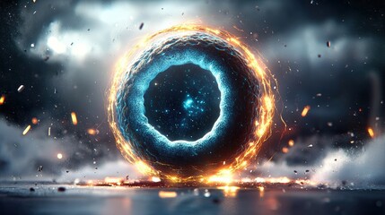 Poster - Blue and orange fireball in dark sky with artistic representation of human cell structure and details