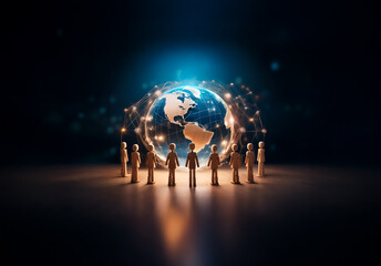 Aufkleber - Glowing globe encircled by figures in dim space, symbolizing worldwide network and digital connection. Represents global teamwork and technology.
