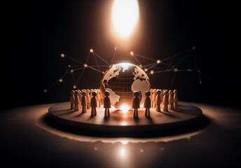 Leinwandbilder - A group of figures stand around a glowing globe, illuminated from above, connected by network lines in a dark space. The scene suggests global unity and digital connection.