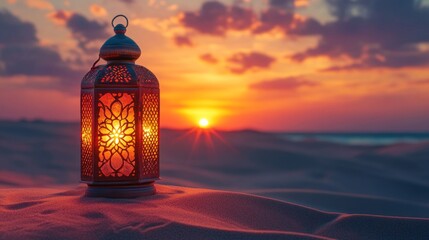 Poster - A beautifully crafted Oriental lamp sits in the warm, golden sand, casting an inviting glow as the sun sets behind rolling dunes during a peaceful Ramadan night