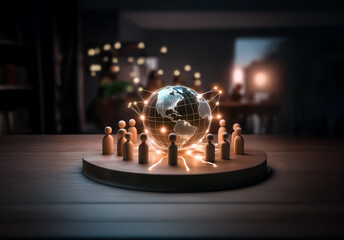 Poster - Glowing globe surrounded by wooden figures on a round platform with light trails, symbolizing global connection and digital network.