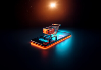 Poster - A miniature shopping cart rests on a glowing smartphone screen against a dark background, bright light shining from above, symbolizing digital commerce.
