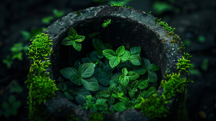 Wall Mural - Renewal in Stone: A mossy, ancient mortar cradles a cluster of vibrant green leaves, symbolizing the enduring power of nature to thrive and flourish even in the most unexpected places.