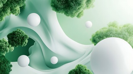 Wall Mural - Abstract Green Landscape with Floating Spheres and Trees