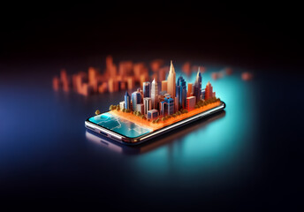 Poster - Vibrant miniature city with buildings and beach on a smartphone screen. Blurred urban skyline in background creates depth.