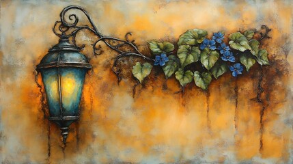 Wall Mural - Warm light illuminates antique lantern delicately adorned with vibrant ivy. AI Generated