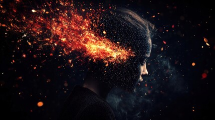 Poster - Woman with fire in her hair and artificial intelligence concept in futuristic technology setting