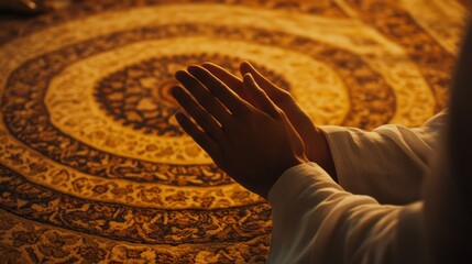 Poster - Soft light illuminates the intricate design of a prayer mat, as hands come together in devotion. This tranquil moment captures the essence of faith and hope amid a serene atmosphere