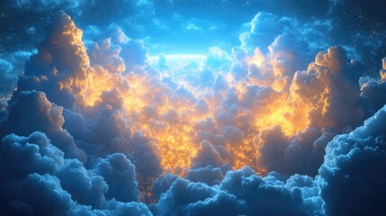 Dramatic sky filled with vibrant orange and blue clouds illuminated by a celestial glow at dusk