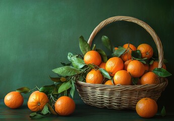 Wall Mural - Oranges, wicker basket, dark green background, still life, harvest