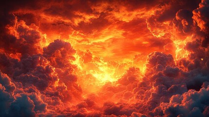 Wall Mural - Dramatic sunset with vibrant orange and red clouds illuminating the sky over a tranquil landscape