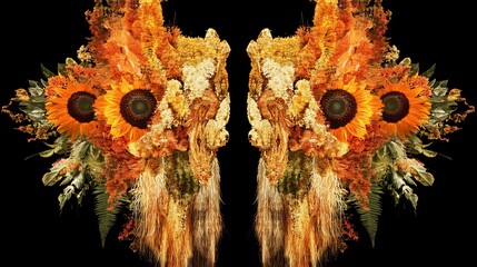 Wall Mural - Golden floral arrangement symmetrically explodes vibrant autumn hues against a dark background. AI Generated