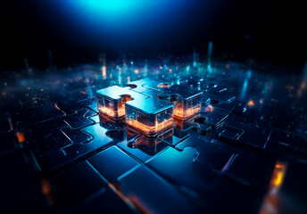 Aufkleber - Glowing puzzle pieces interlock on a dark reflective surface, illuminated with blue and orange light, creating a sense of connection and futuristic technology.