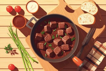 Wall Mural - Beef stew simmers in pan on wooden table, bread & garnish on side.