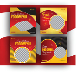 Wall Mural - Set of Editable square food banners. Instagram post template design. Suitable for Social Media Post Restaurant and culinary Promotion. Red and yellow background
