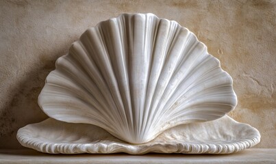 Wall Mural - A beautifully detailed white shell displayed against a textured beige background, evoking tranquility