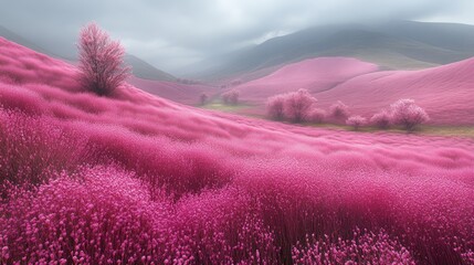 Wall Mural - Expansive field of vibrant pink flowers under a cloudy sky, creating a serene and picturesque landscape