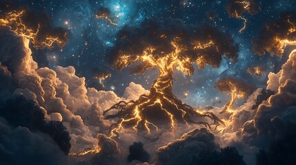 Wall Mural - A tree with branches that are glowing in the sky