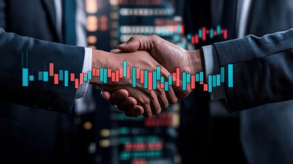 Poster - Two men shaking hands in front of a global stock market chart and bar graph in a business setting