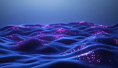 Poster - glowing particles undulating, digital landscape, dark background, tech concept