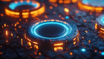 Poster - Futuristic Circuits Glow with Neon Orange and Blue Light in Abstract 3D Render