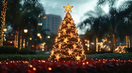 Poster - christmas tree with lights bokeh background