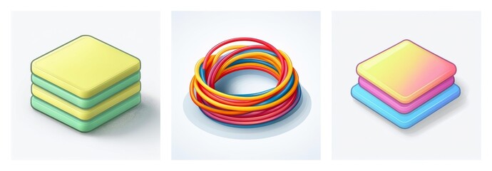 Aufkleber - three abstract shapes: stacked pastel squares and a circular interwoven band, all rendered with soft