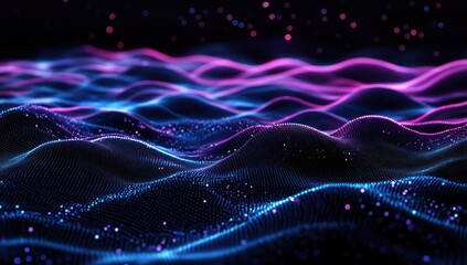 Poster - neon particle waves, digital landscape, abstract background, tech design