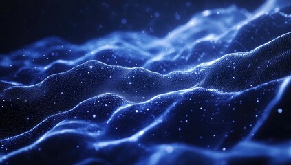 Poster - Blue digital wave particles flowing, dark background, abstract tech design