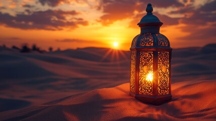 Poster - A beautifully crafted oriental lamp illuminates the sandy landscape, casting enchanting shadows as the sun sets, marking the spiritual observance during Ramadan nights