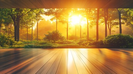 Wall Mural - Warm sunrise light bathes tranquil forest scene viewed from inviting wooden deck. AI Generated