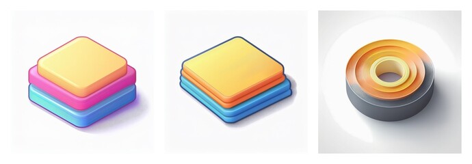 Aufkleber - Isometric view of layered stacks of shapes. Square shapes in yellow, pink, blue tones, and round shapes in orange, grey shades. 3D rendering.